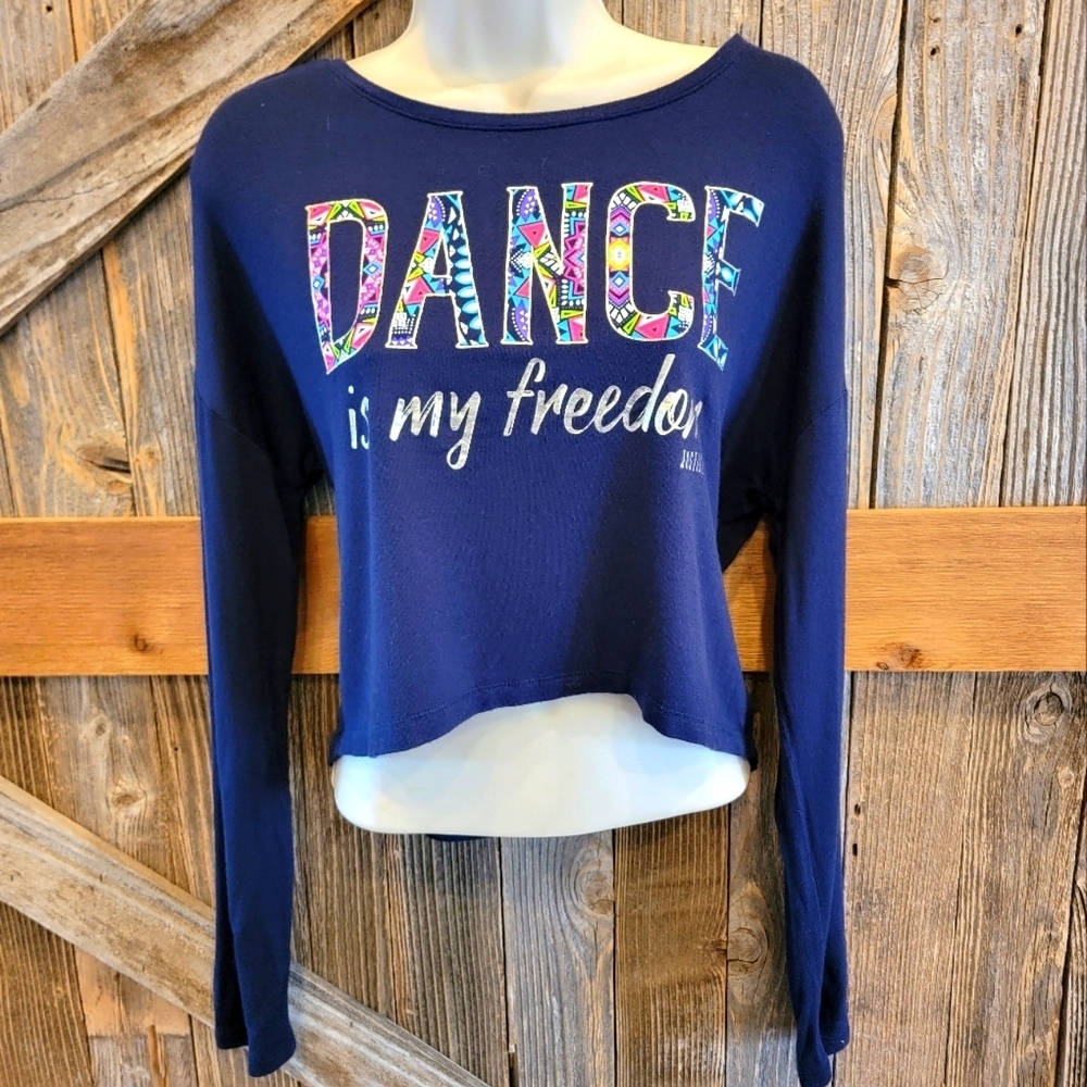 Justice Dance Is My Freedom Shirt Size 16 cropped long sleeve girls Blue *